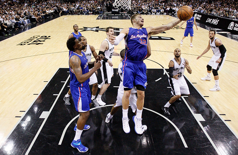 Apr 30, 2015; San Antonio, TX, USA; Los Angeles Clippers power forward Blake Griffin (32) grabs a rebound against the San Antonio Spurs in game six of the first round of the NBA Playoffs at AT&T Center. Mandatory Credit: Soobum Im-USA TODAY Sports