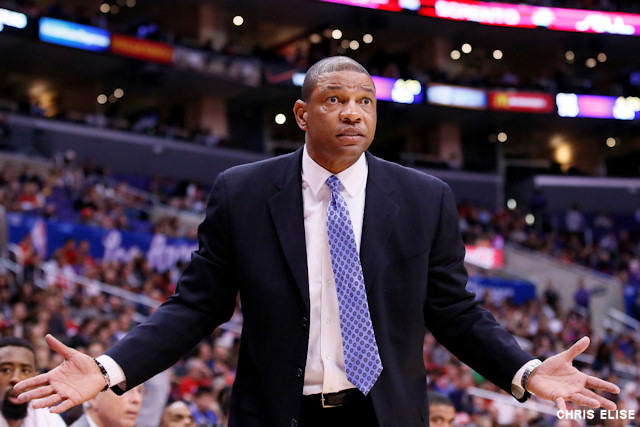 23 November 2013: Los Angeles Clippers head coach Doc Rivers reacts during the Los Angeles Clippers 103-102 victory over the Sacramento Kings at the Staples Center, Los Angeles, California, USA.
