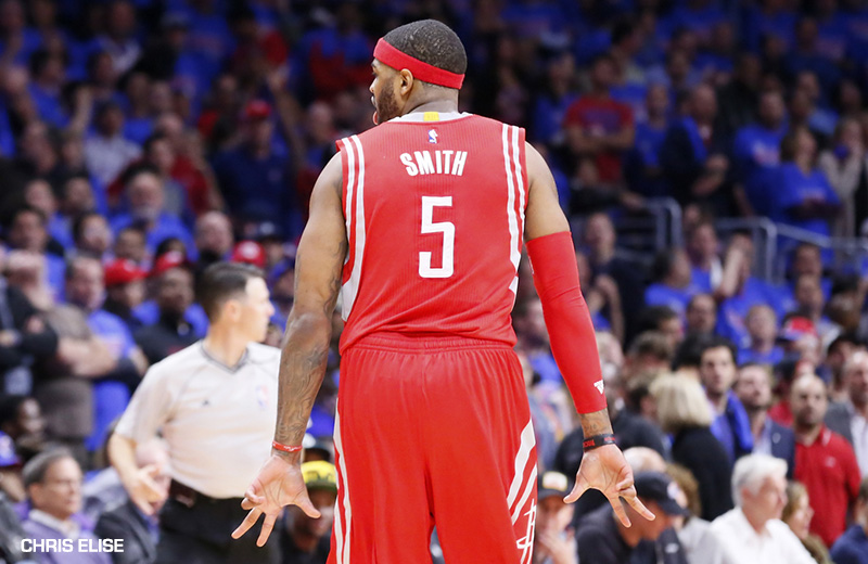 14 May 2015: Houston Rockets forward Josh Smith (5) celebrates during the Houston Rockets 119-107 victory over the Los Angeles Clippers, in game 6 of the Western Conference semifinals, at the Staples Center, Los Angeles, California, USA.