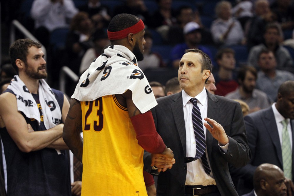 Dec 26, 2014; Orlando, FL, USA; Cleveland Cavaliers head coach David Blatt congratulates forward LeBron James (23) at the end of the game against the Orlando Magic at Amway Center. Cleveland Cavaliers defeated the Orlando Magic 98-89. Mandatory Credit: Kim Klement-USA TODAY Sports ORG XMIT: USATSI-187098 ORIG FILE ID:  20141226_pjc_sv7_154.JPG