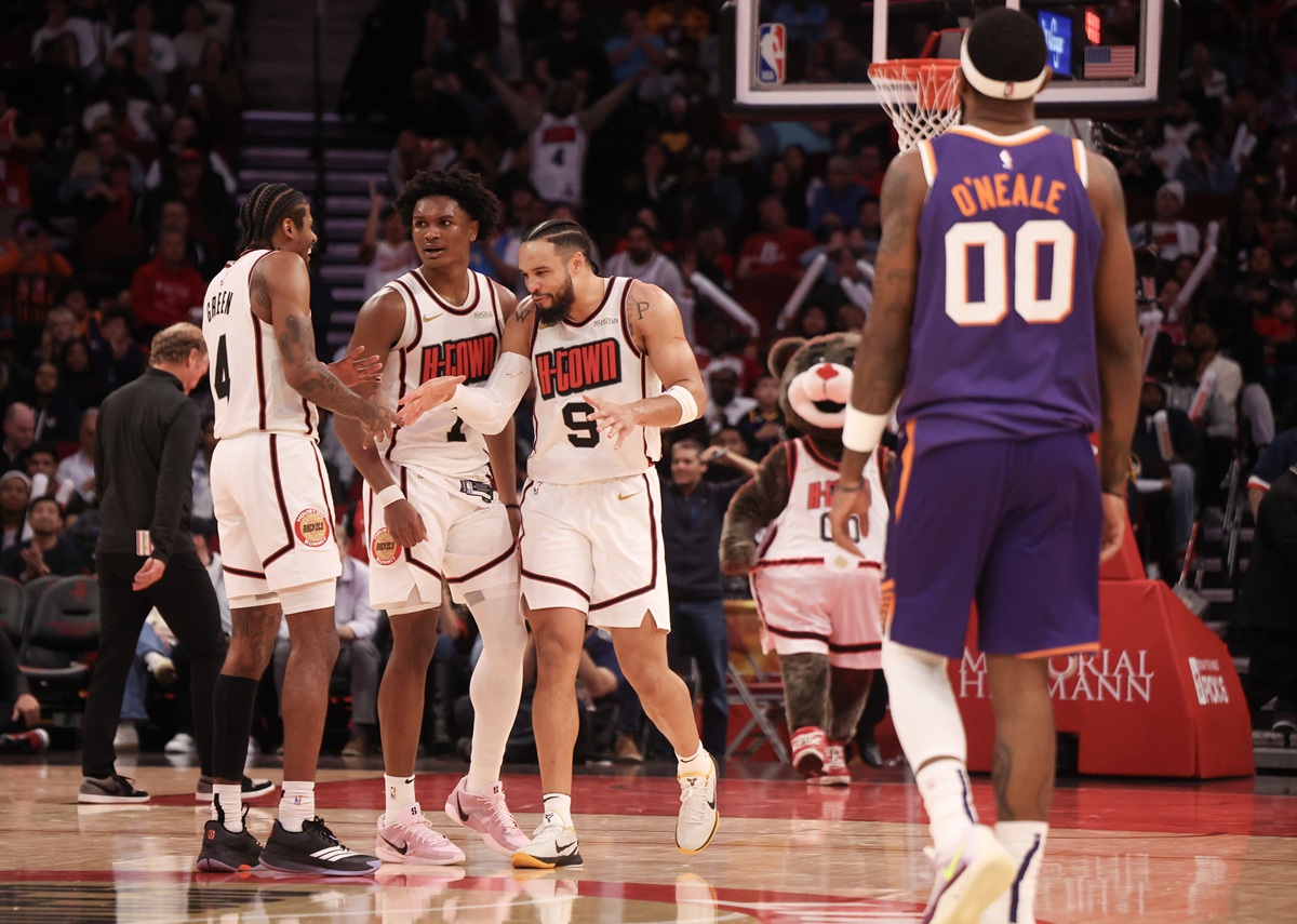 Jalen Green, Amen Thompson et Dillon Brooks (Houston Rockets face aux Phoenix Suns