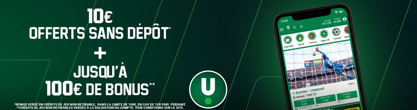 Obtenez 10€ offerts sans dépôt et jusqu'à 100€ de bonus avec le code promotionnel Unibet