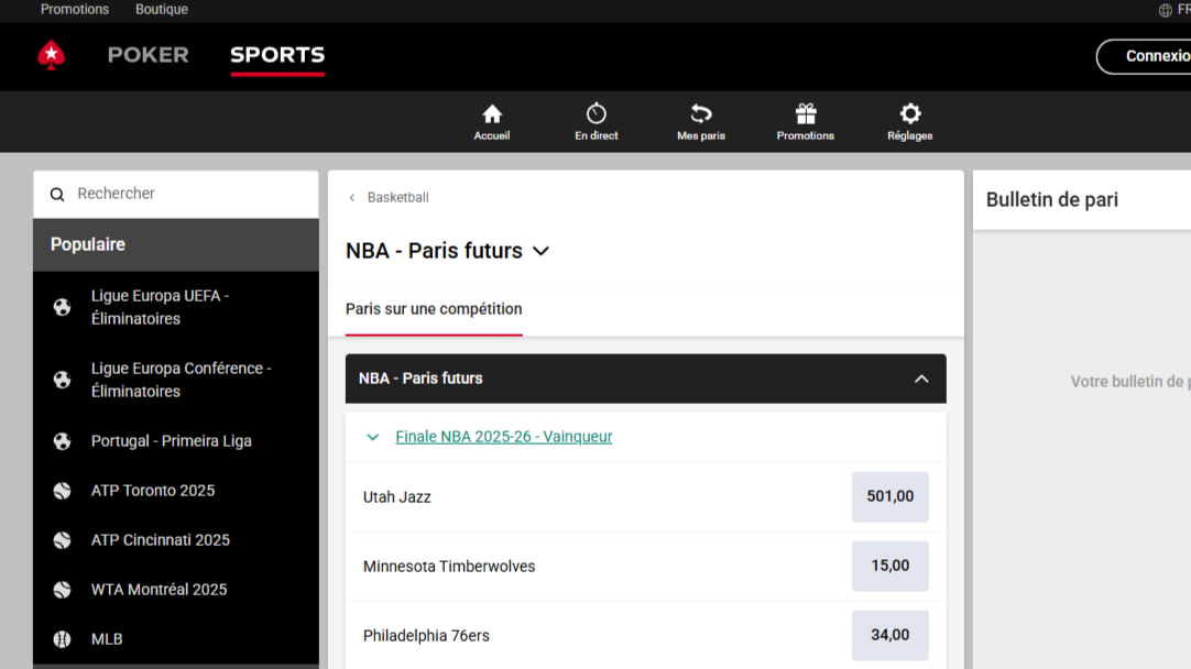 Interface pari NBA Pokerstars