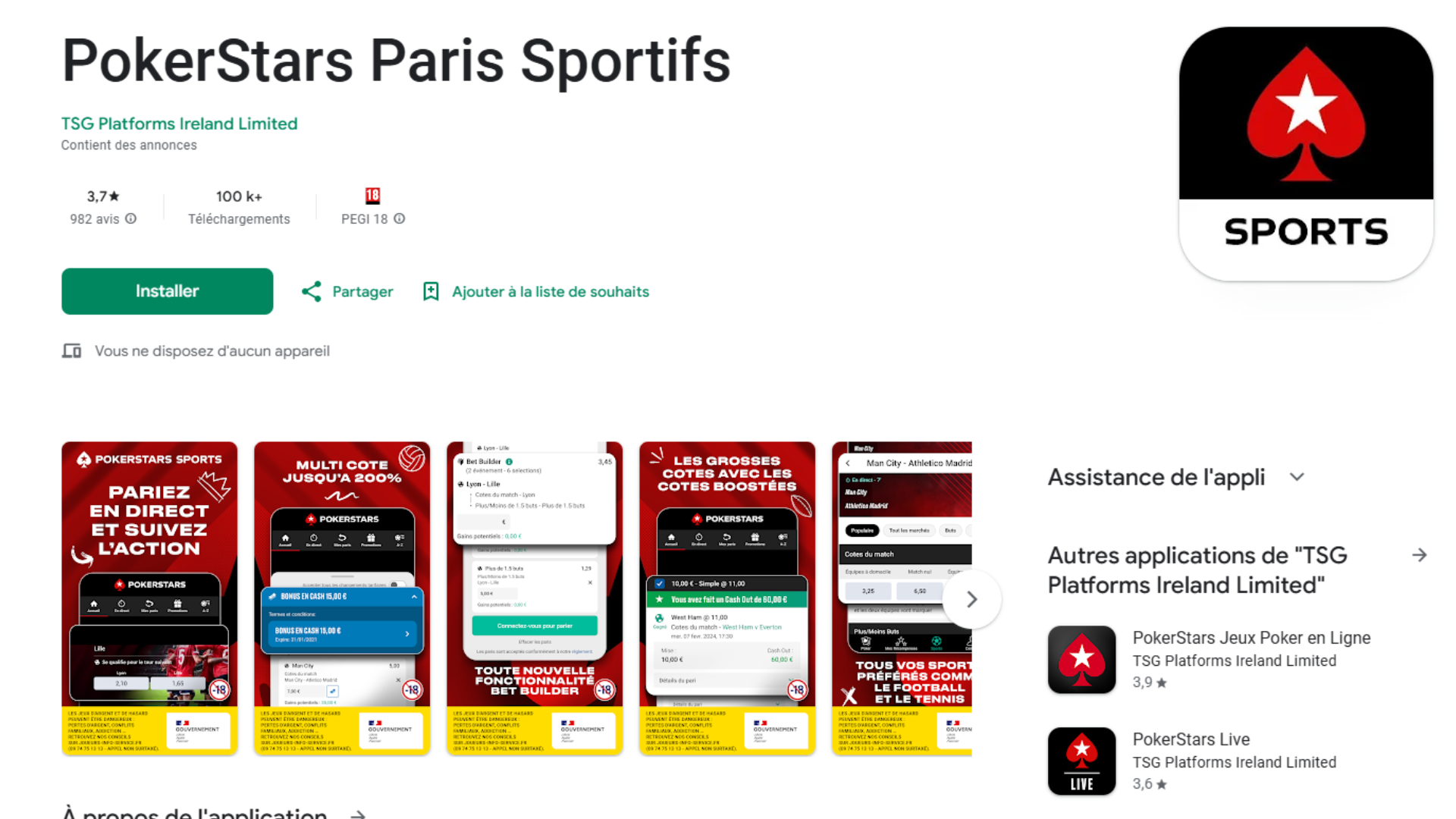 Avis pokertars Google Play store