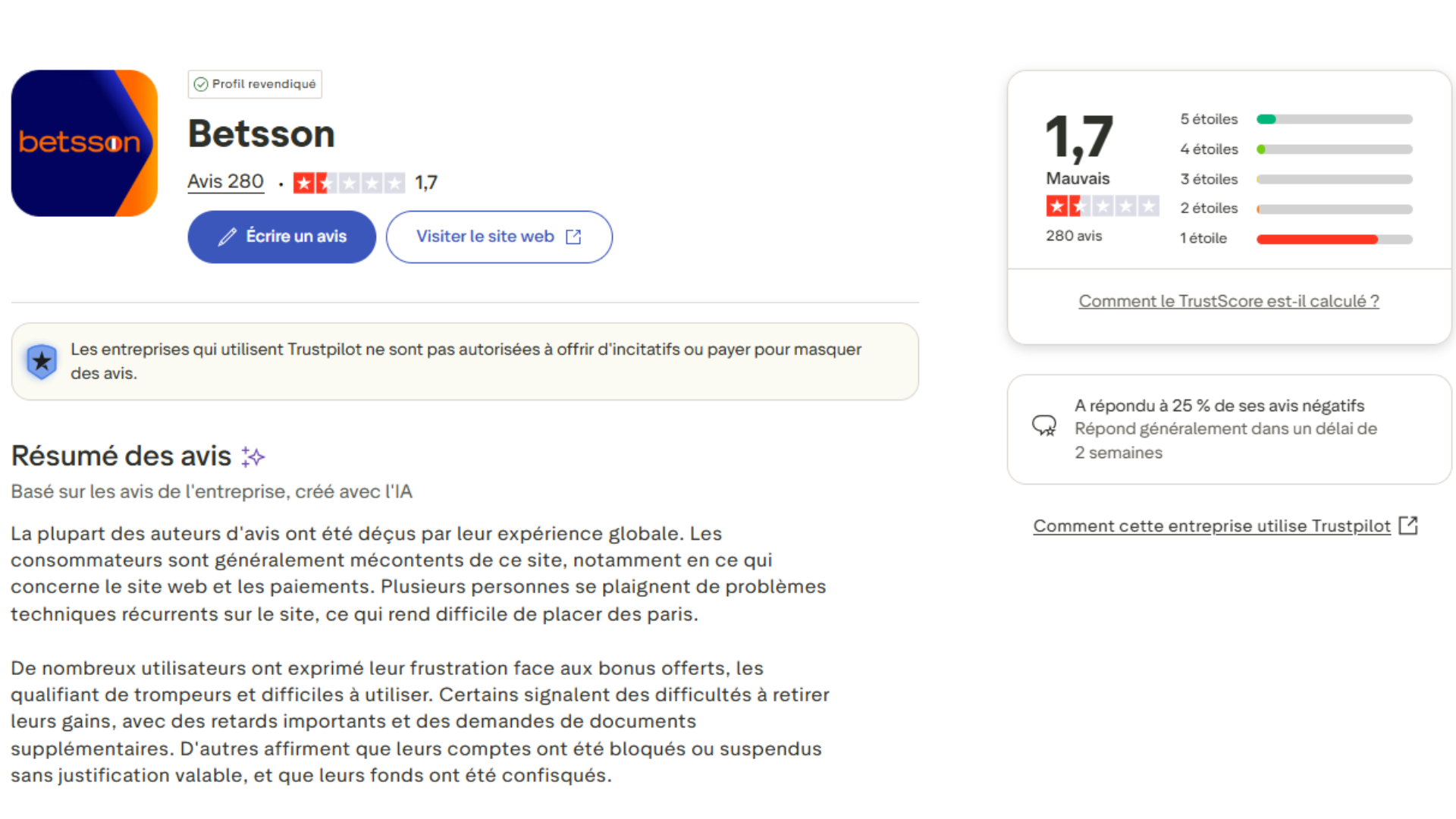 Avis sur Betsson : note de 1,7/5 ⭐ sur Trustpilot, retour des joueurs