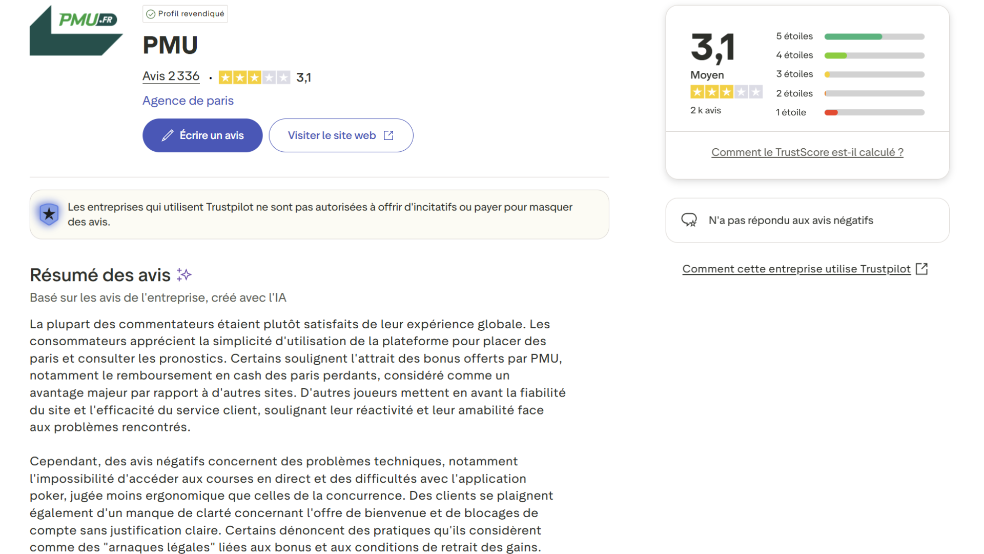 Avis joueurs PMU 2025 Trustpilot note 3,1 sur 5 basée sur 2300 avis
