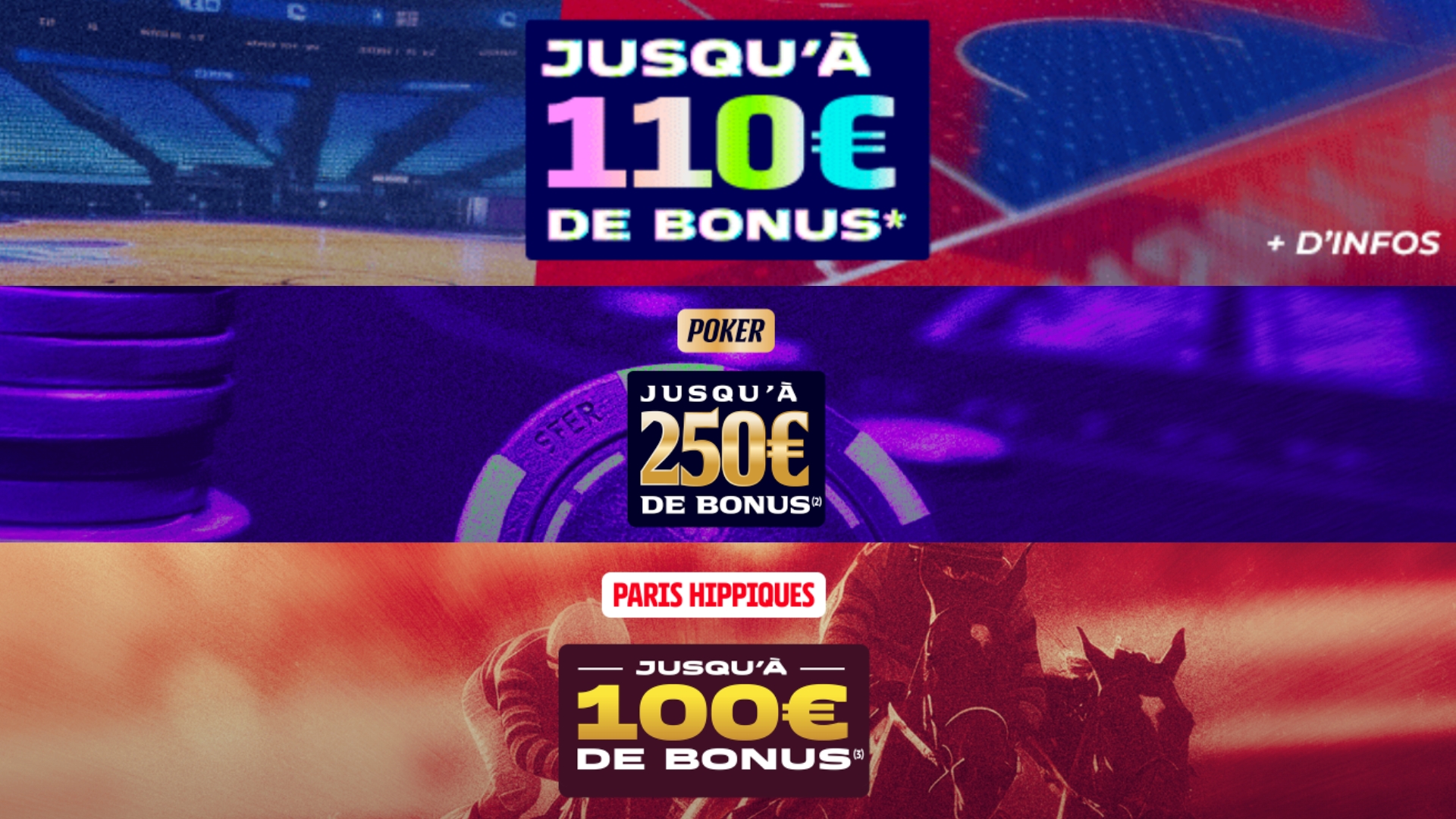 Premier pari doublé en freebets, avec un bonus poker et turf jusqu’à 450 € cumulés sur Parions sport