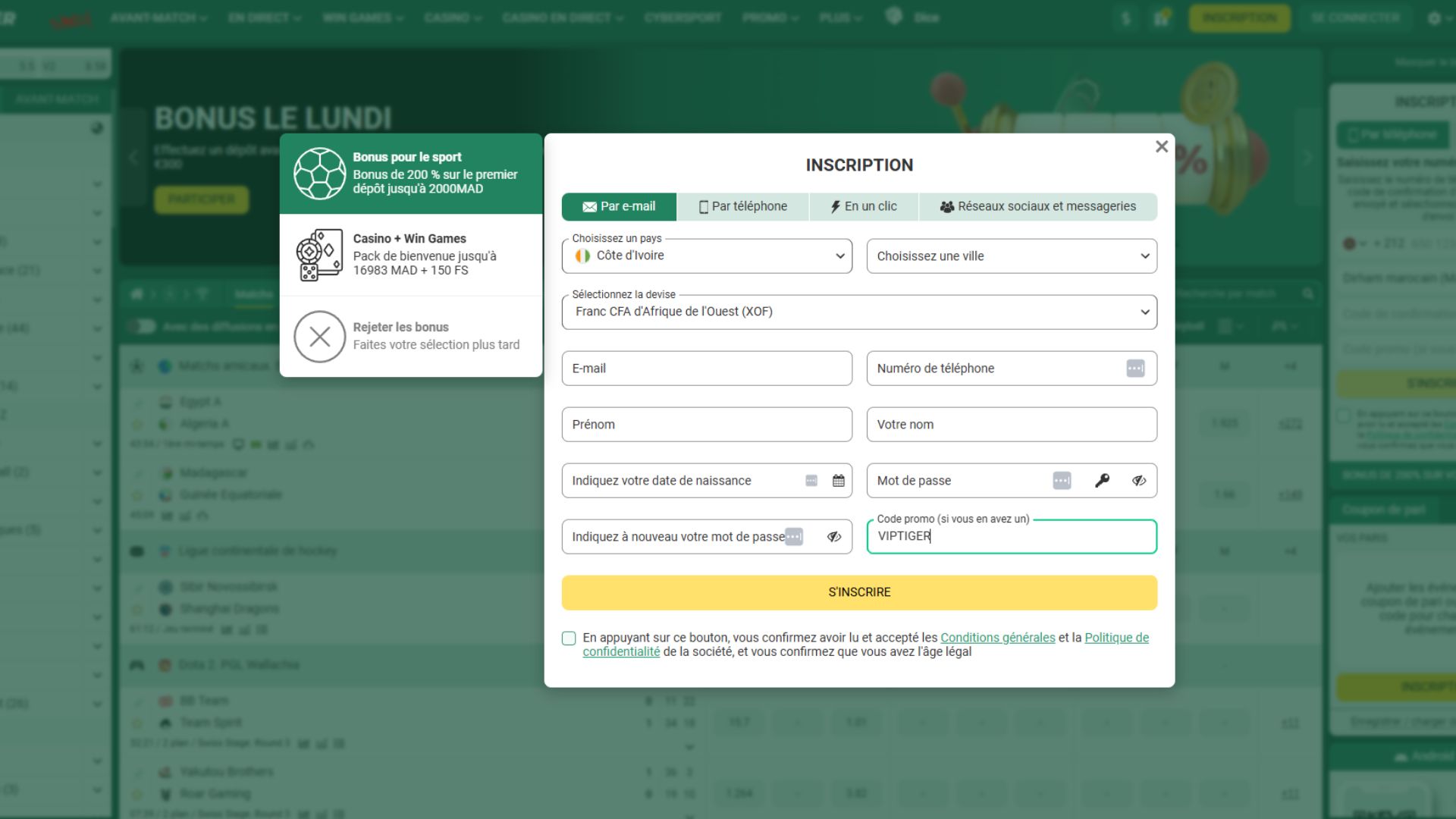 Inscription Betwinner