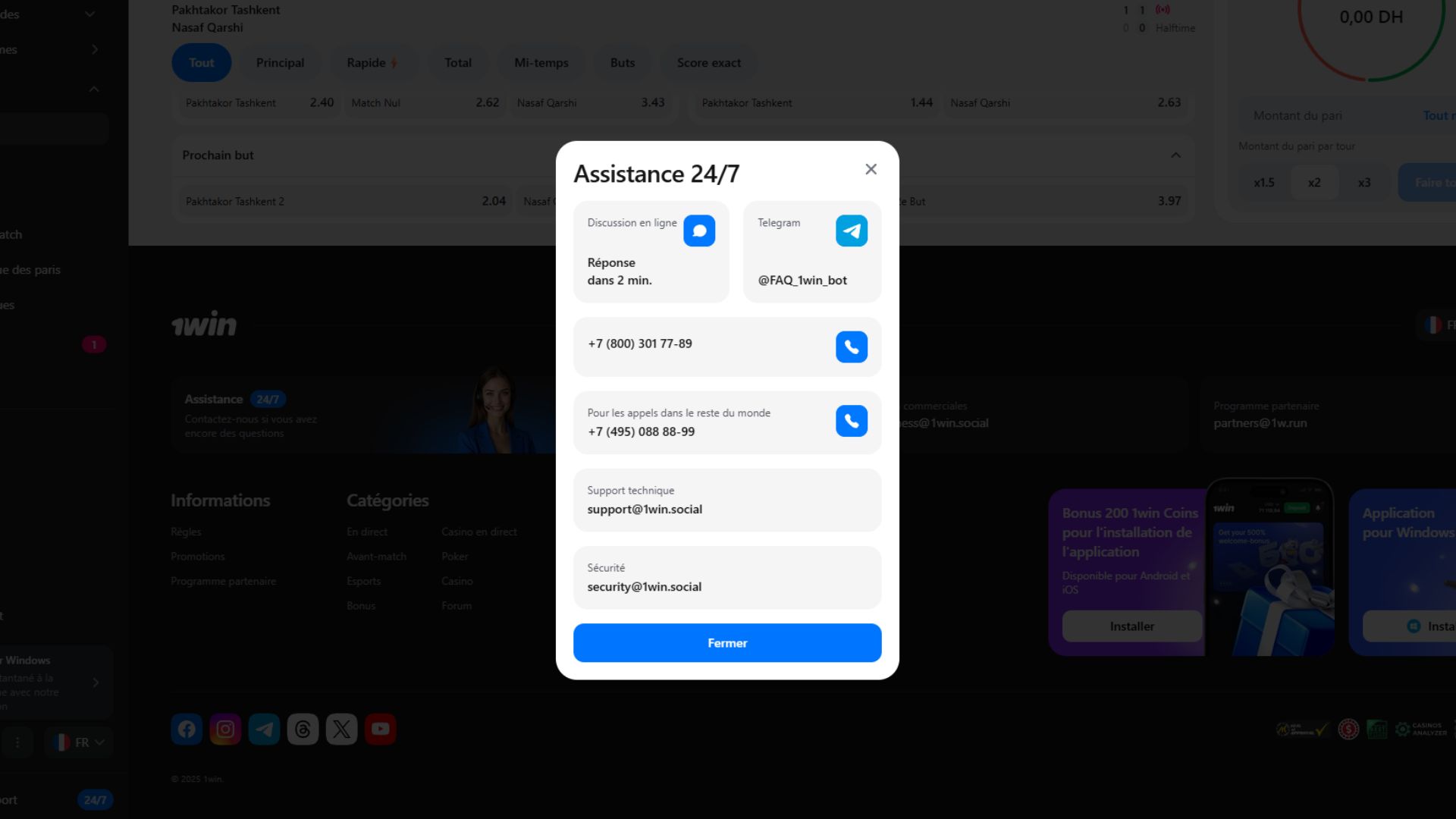 Le service clientèle 1win est disponible à tout moment