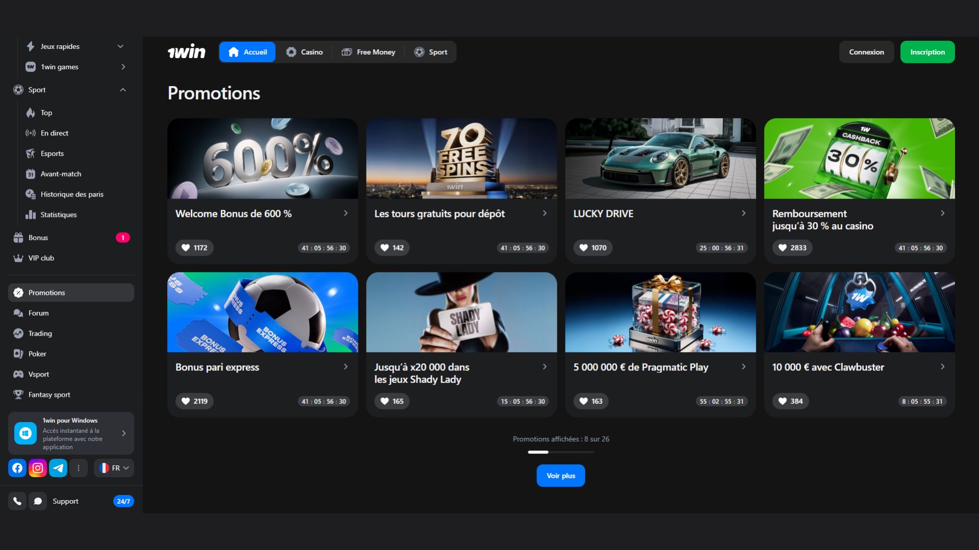 Page promotions 1win avec toutes les offres actives