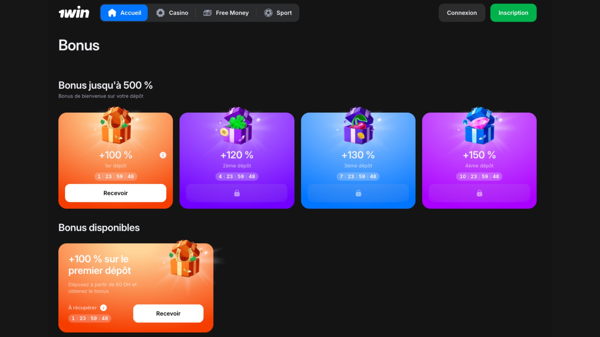 Gagnez jusqu'à 500 % de bonus sur l'ensemble de vos 4 premiers dépôts avec 1win