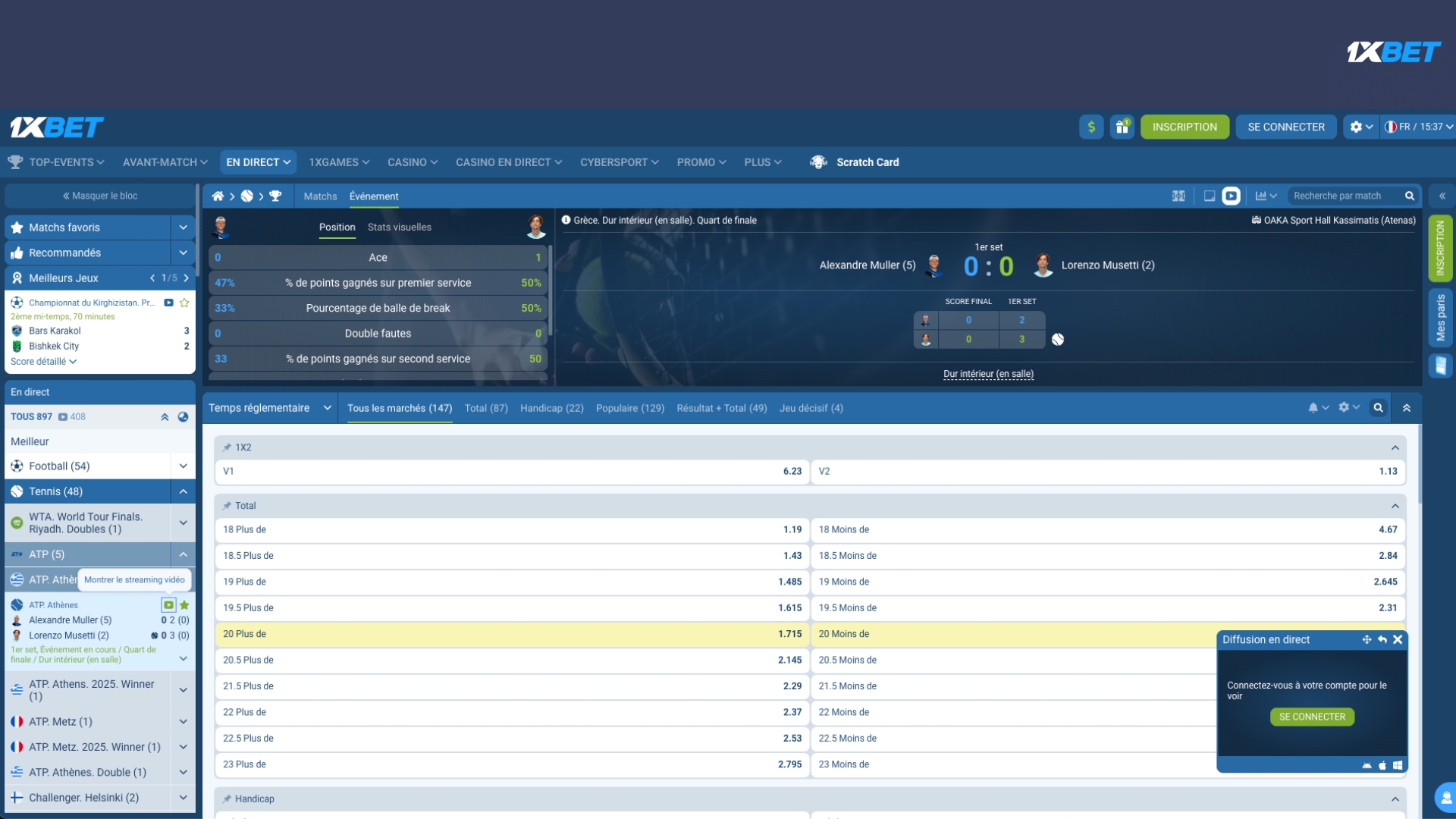 Revue streaming 1xBet paris direct football tennis basket synchronisation cotes temps réel