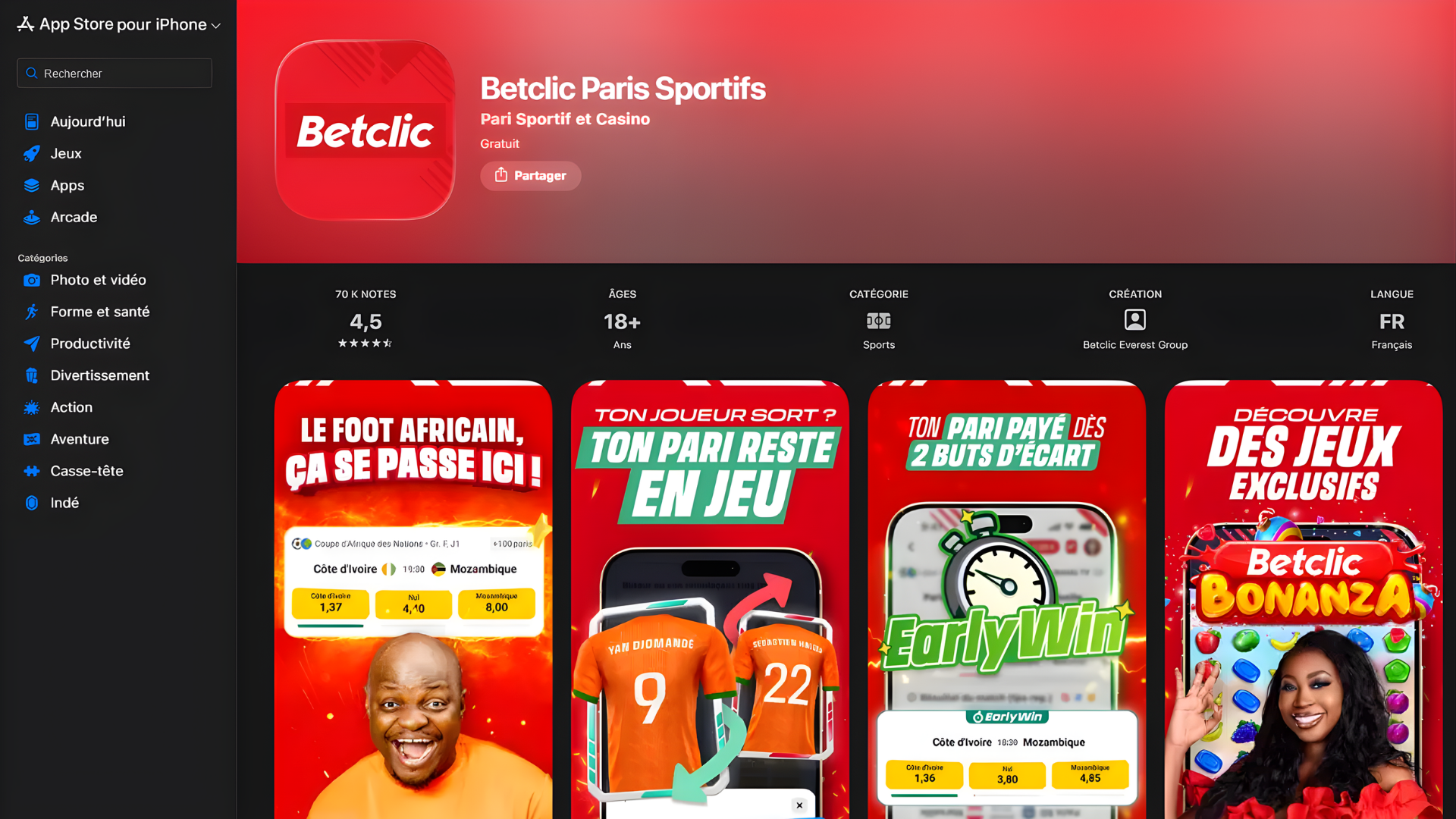Téléchargez l'application Betclic sur iPhone depuis l'App Store en Côte d'Ivoire.