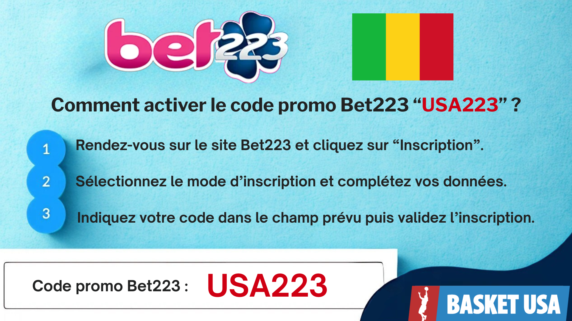 Inscription Bet223 code promo USA223 formulaire bonus Mali APK