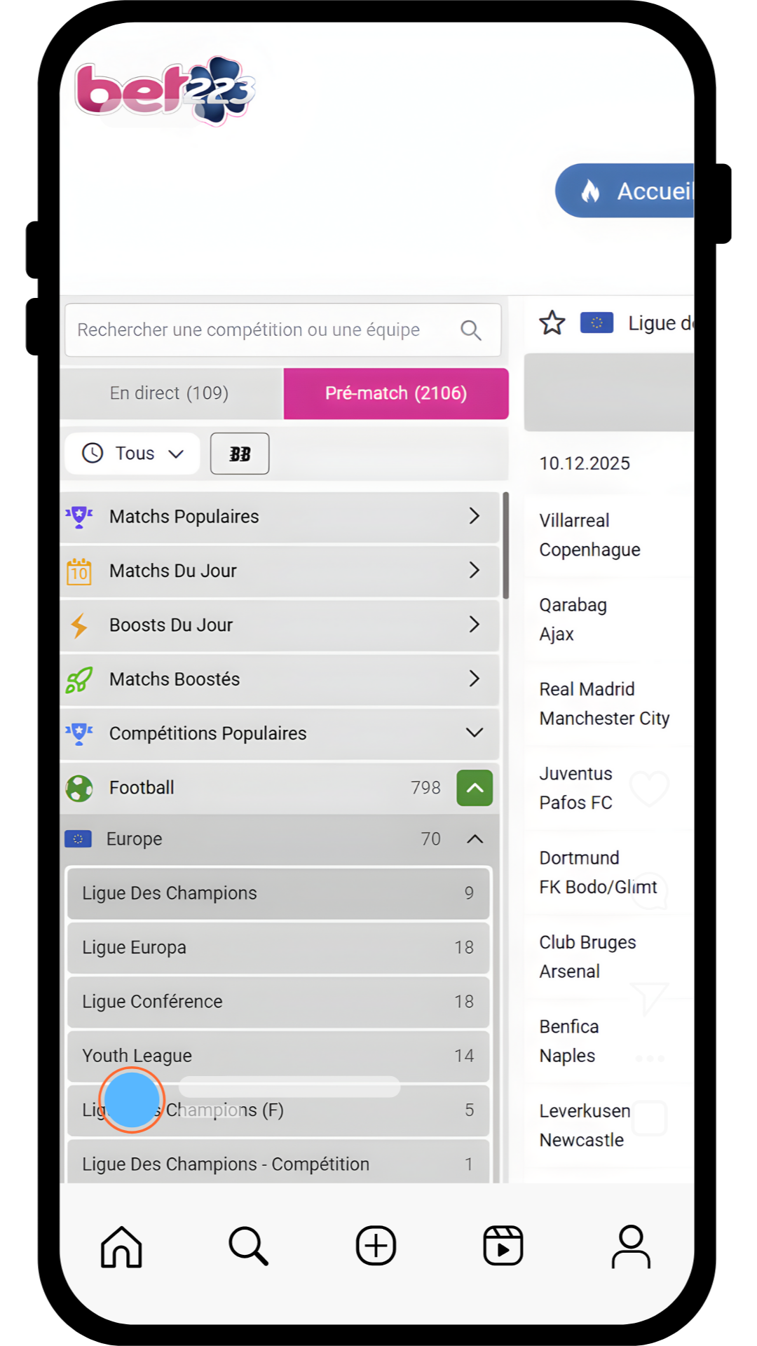 Fonctionnalités application Bet223 paris live cash out notifications