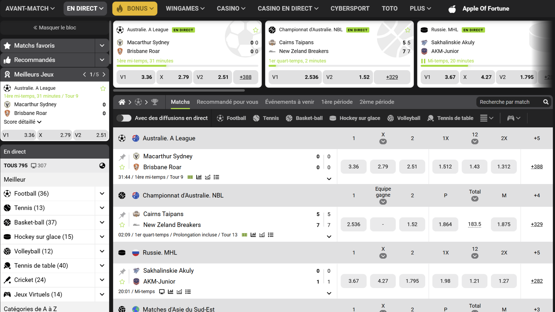 Paris en direct et streaming WinWin avec mises en temps réel sur les sports majeurs