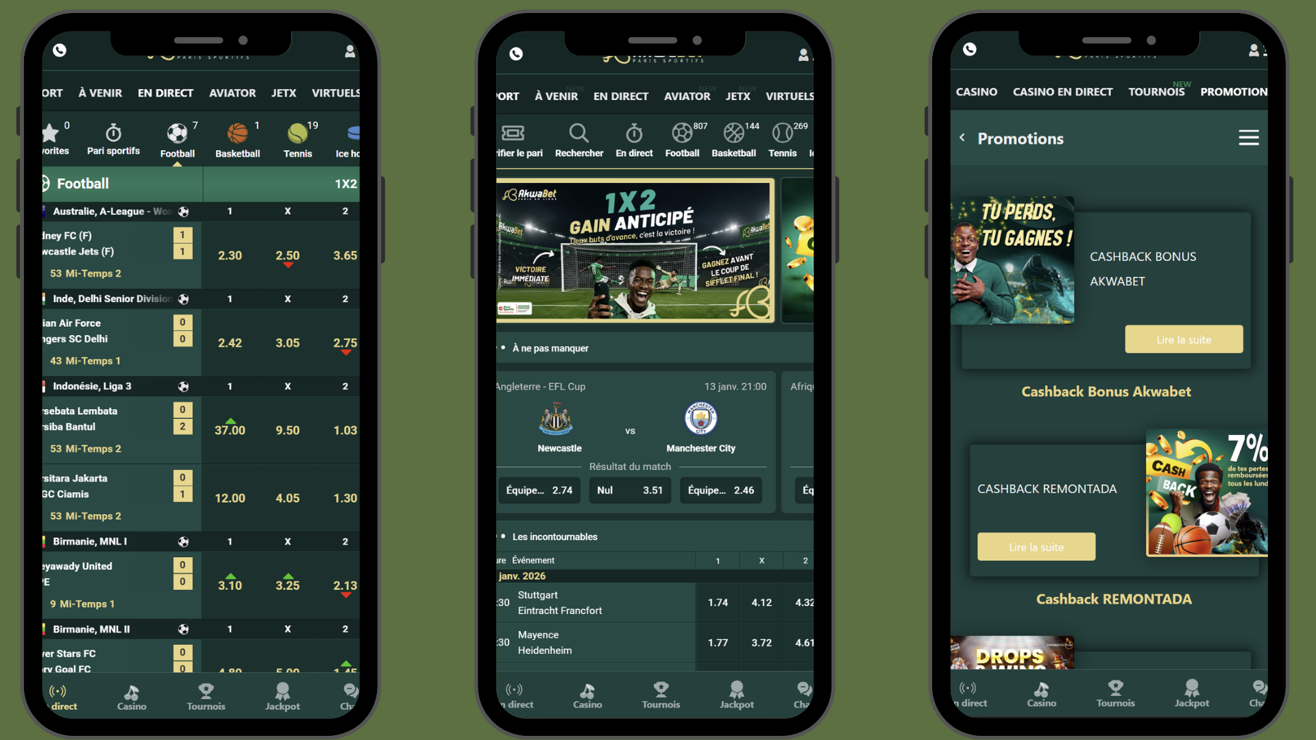 Interface mobile Akwabet sur Android avec installation APK et navigation fluide.