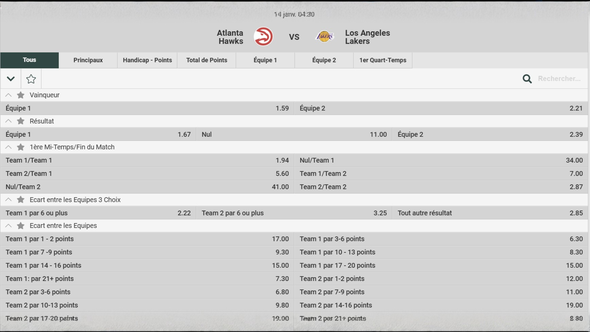 Affichage des cotes Akwabet avec marges réduites sur football, basket et eSports.