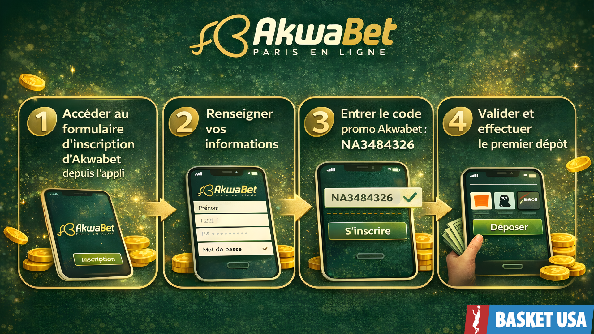 Étapes d’inscription sur l’application Akwabet pour créer un compte et activer le bonus.