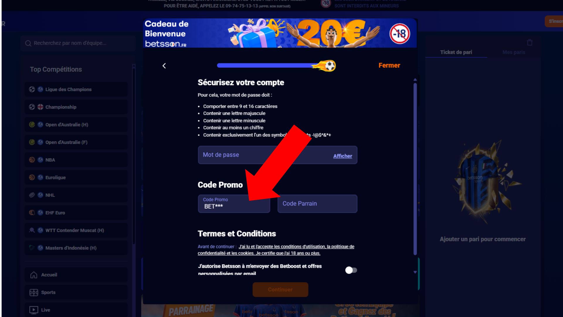 Formulaire Betsson avec code promo