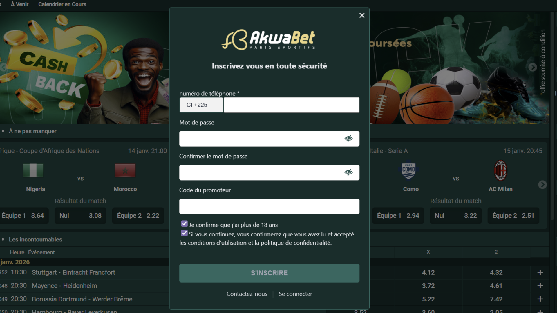 Écran d’inscription Akwabet avec saisie du numéro de téléphone et code promo.