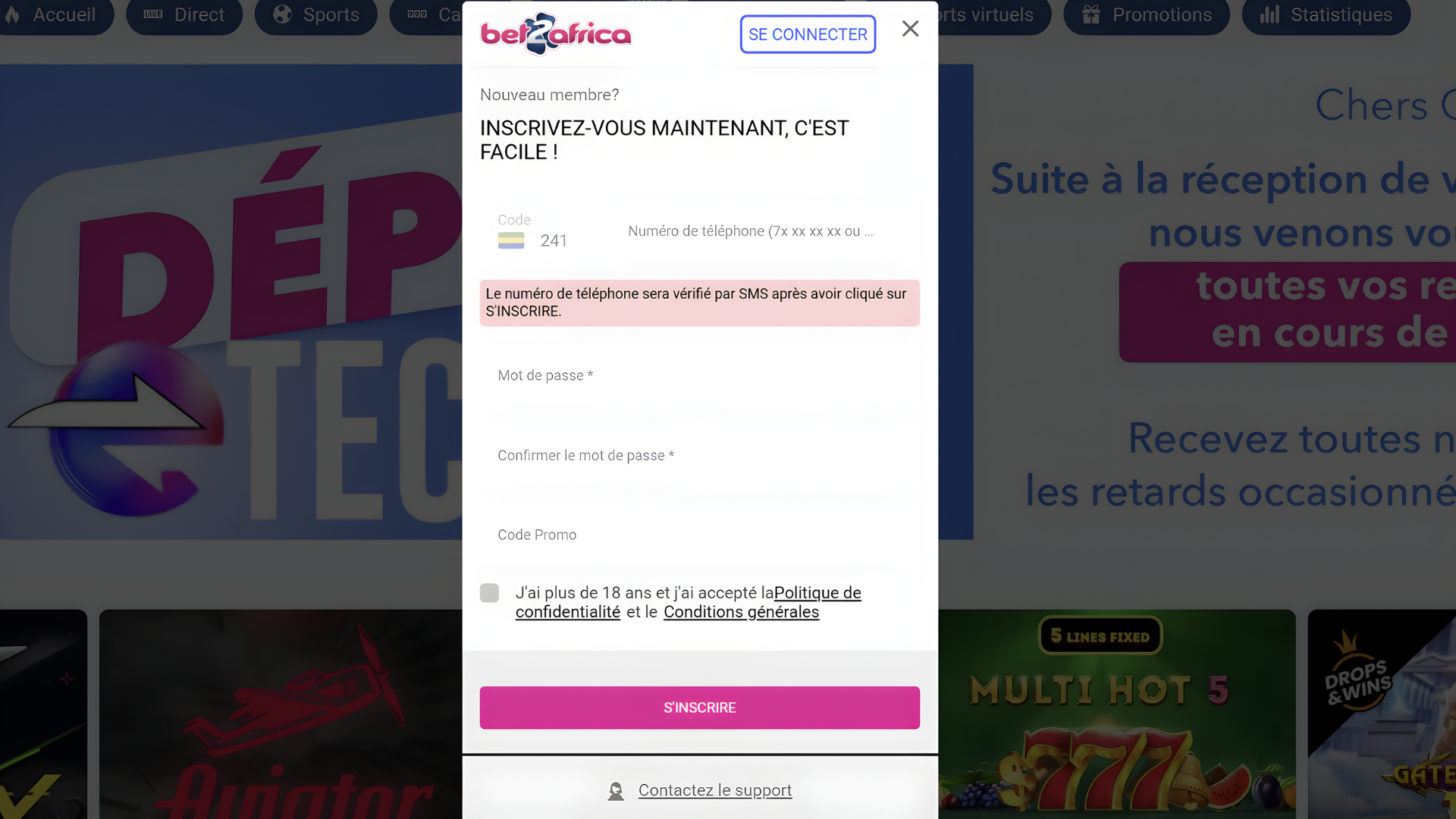 Étapes d'inscription sur Bet2africa avec validation par SMS et code promo.