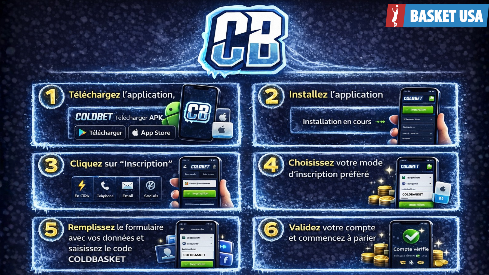 Inscription sur l’application mobile ColdBet : création de compte sur Android et iOS.