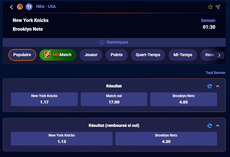 Les cotes Betsson pour New York Knicks vs Brooklyn