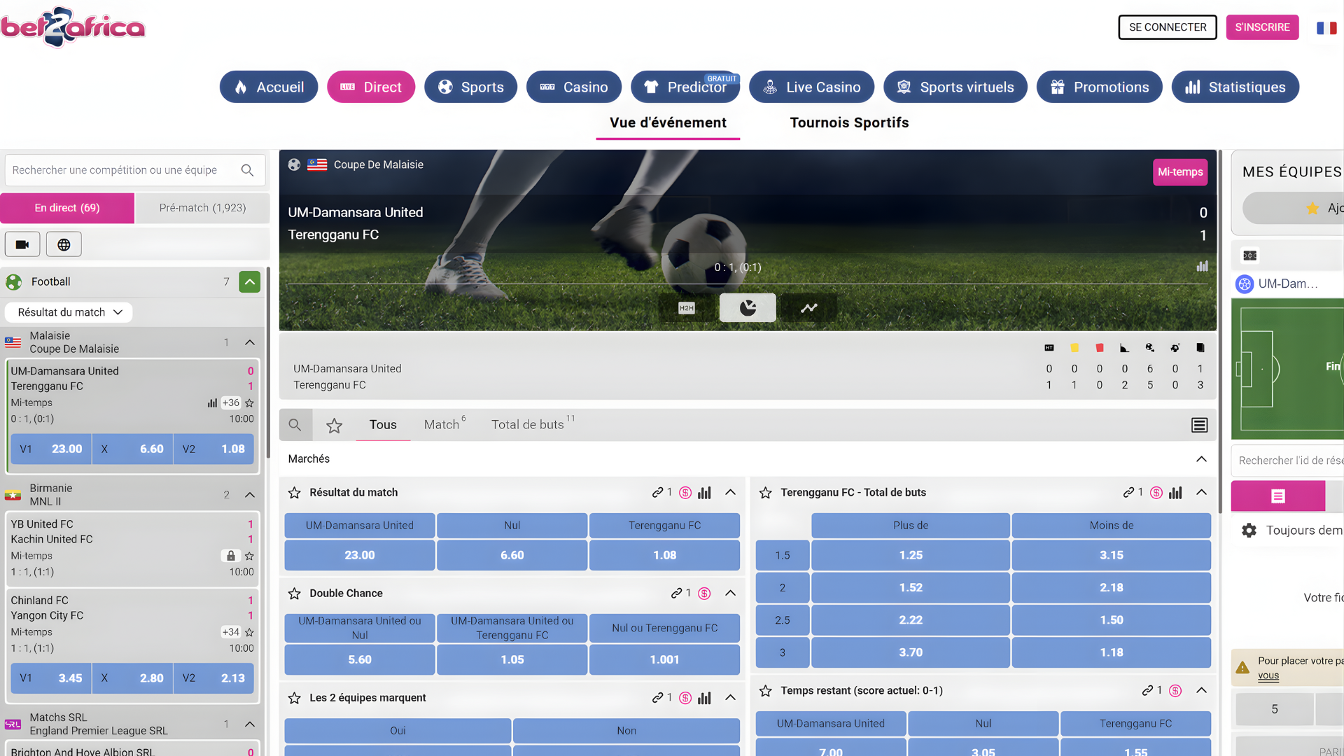 Interface de paris en direct Bet2africa avec cotes mises à jour et statistiques en temps réel.