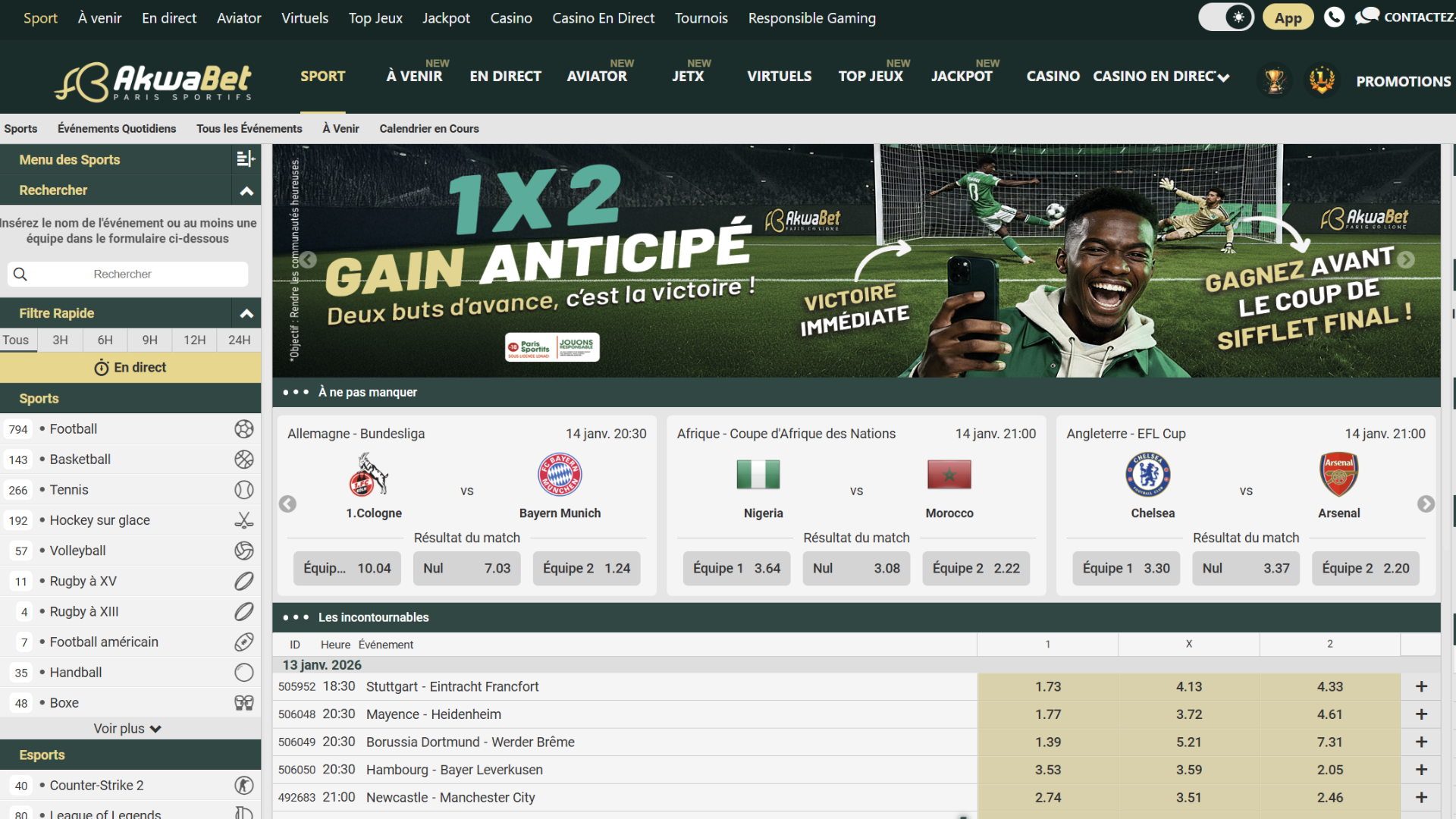 nterface des paris sportifs Akwabet avec large choix de sports et cotes élevées.