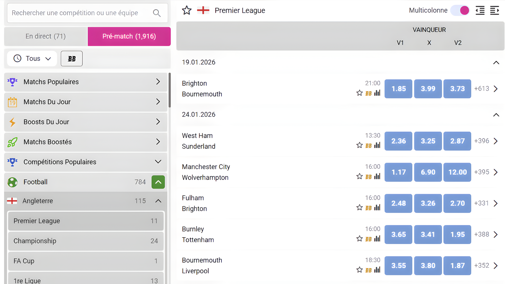 Interface des paris sportifs Bet2africa avec football africain, basketball et eSports.
