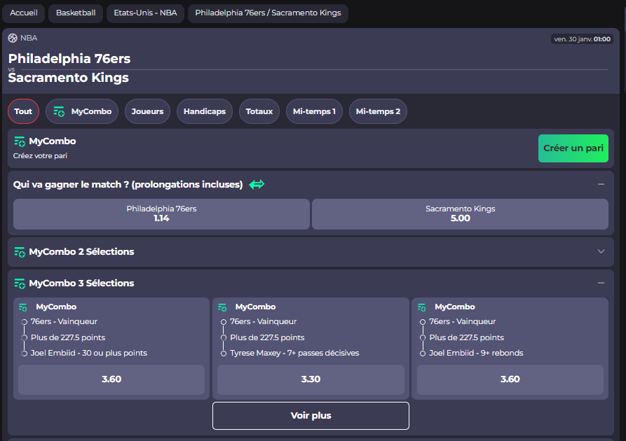 Philadelphia 76ers vs Sacramento Kings le 30 janvier 2026 à 01h00