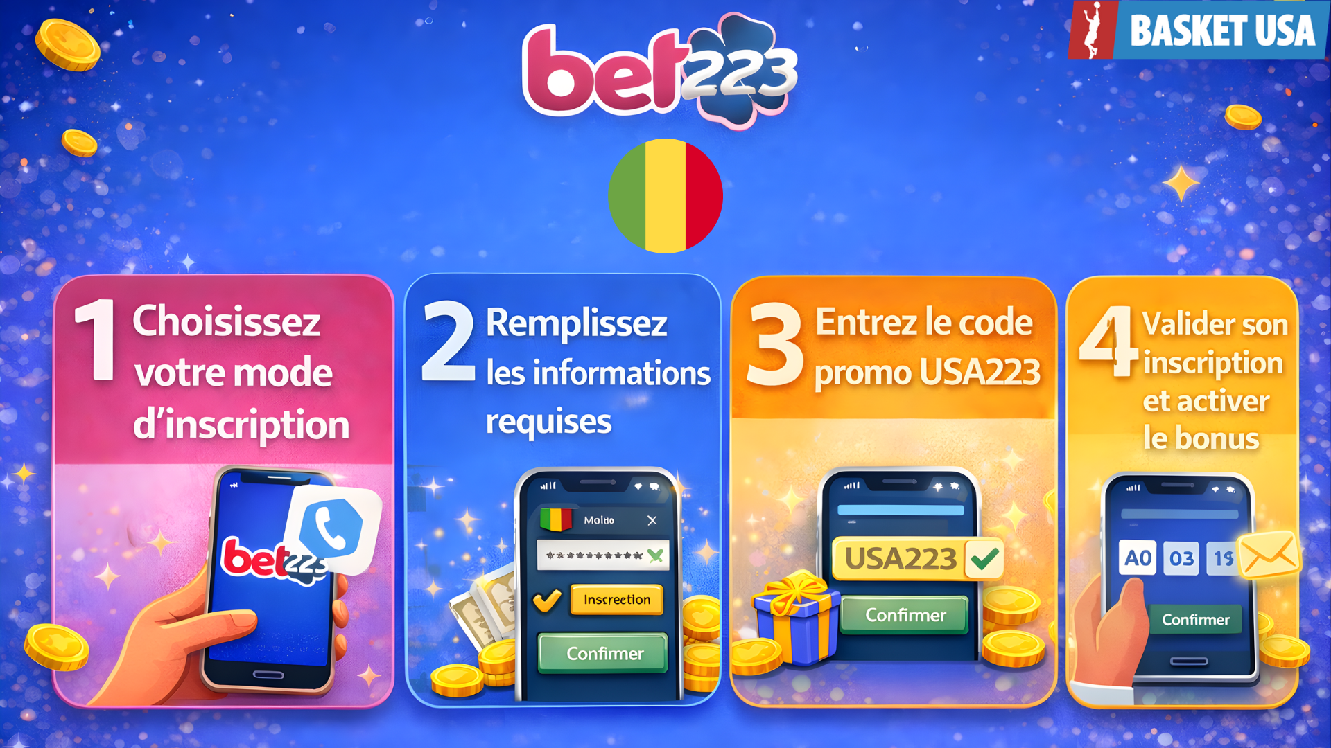 Création de compte Bet223 depuis l'APK mobile avec saisie du code promo USA223.