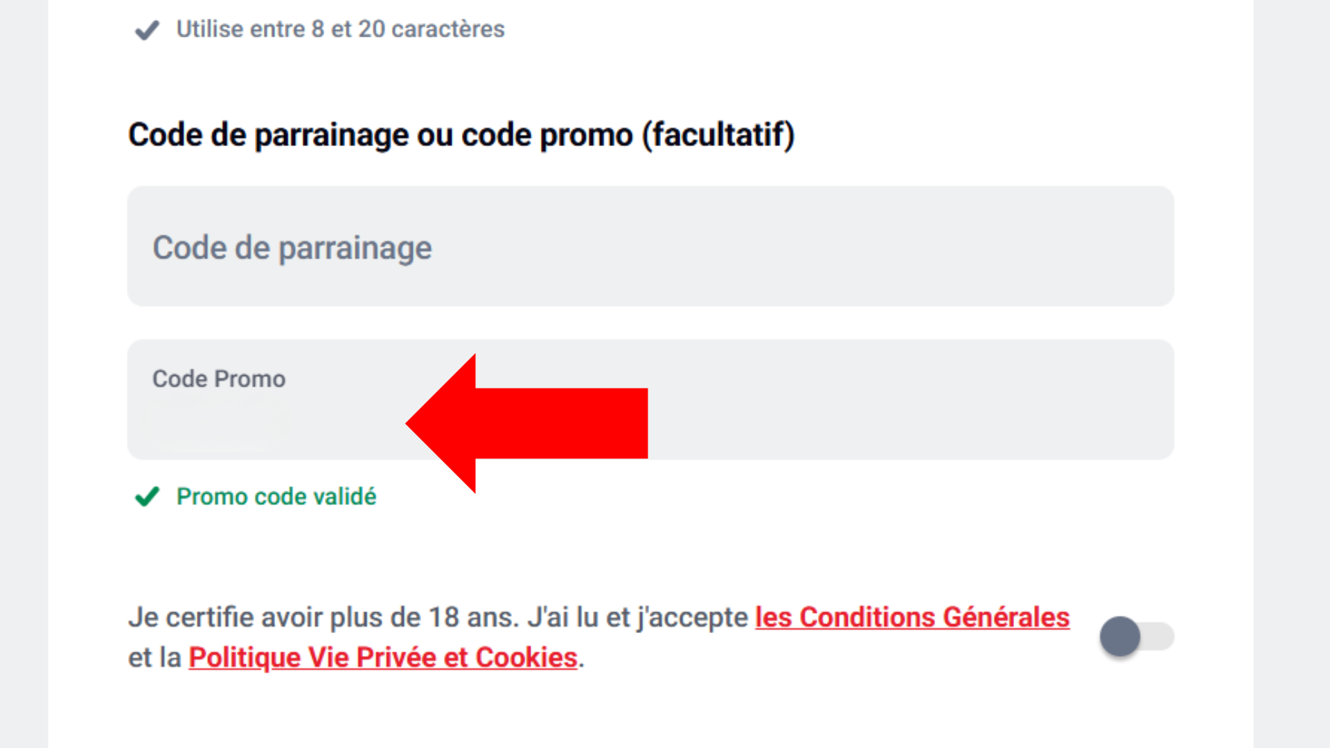 Formulaire d'inscription betclic, champ code promo