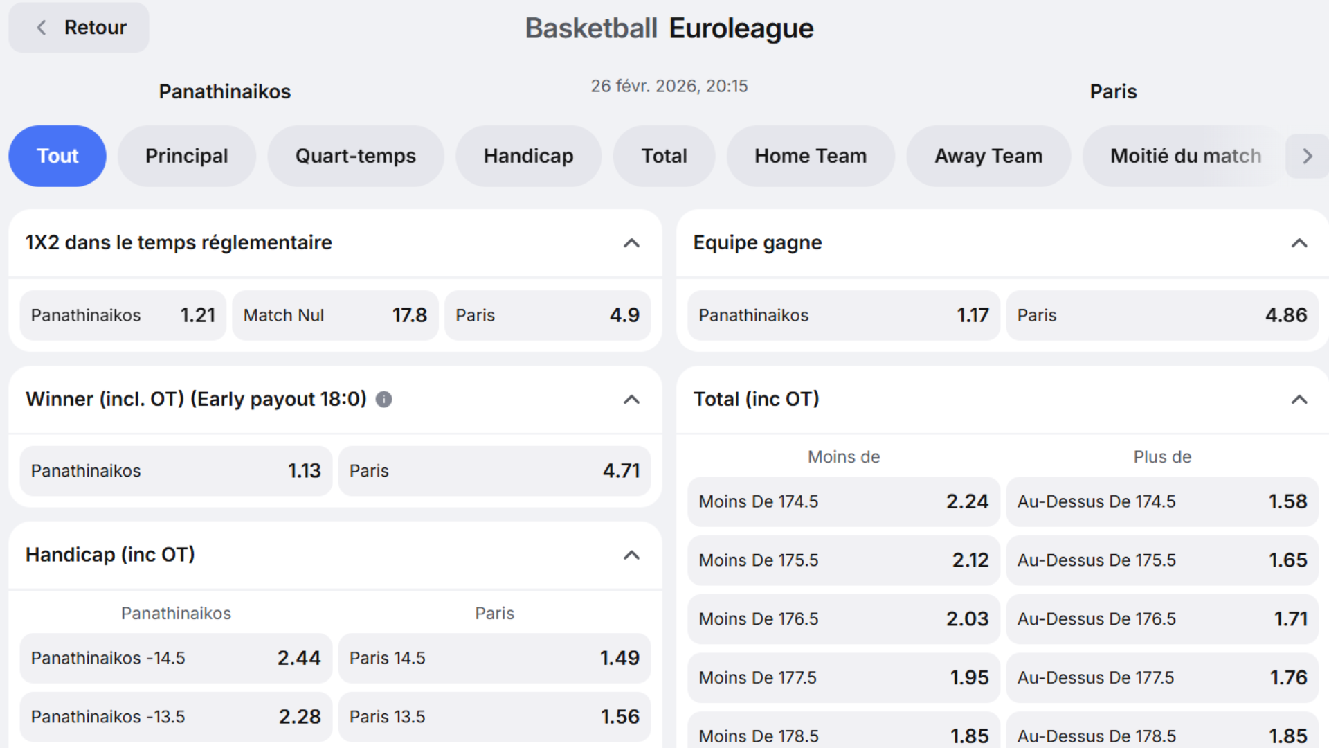 Pronostic Panathinaikos -10,5 face à Paris Basketball Euroligue tour 29 avec le code promo 1win.