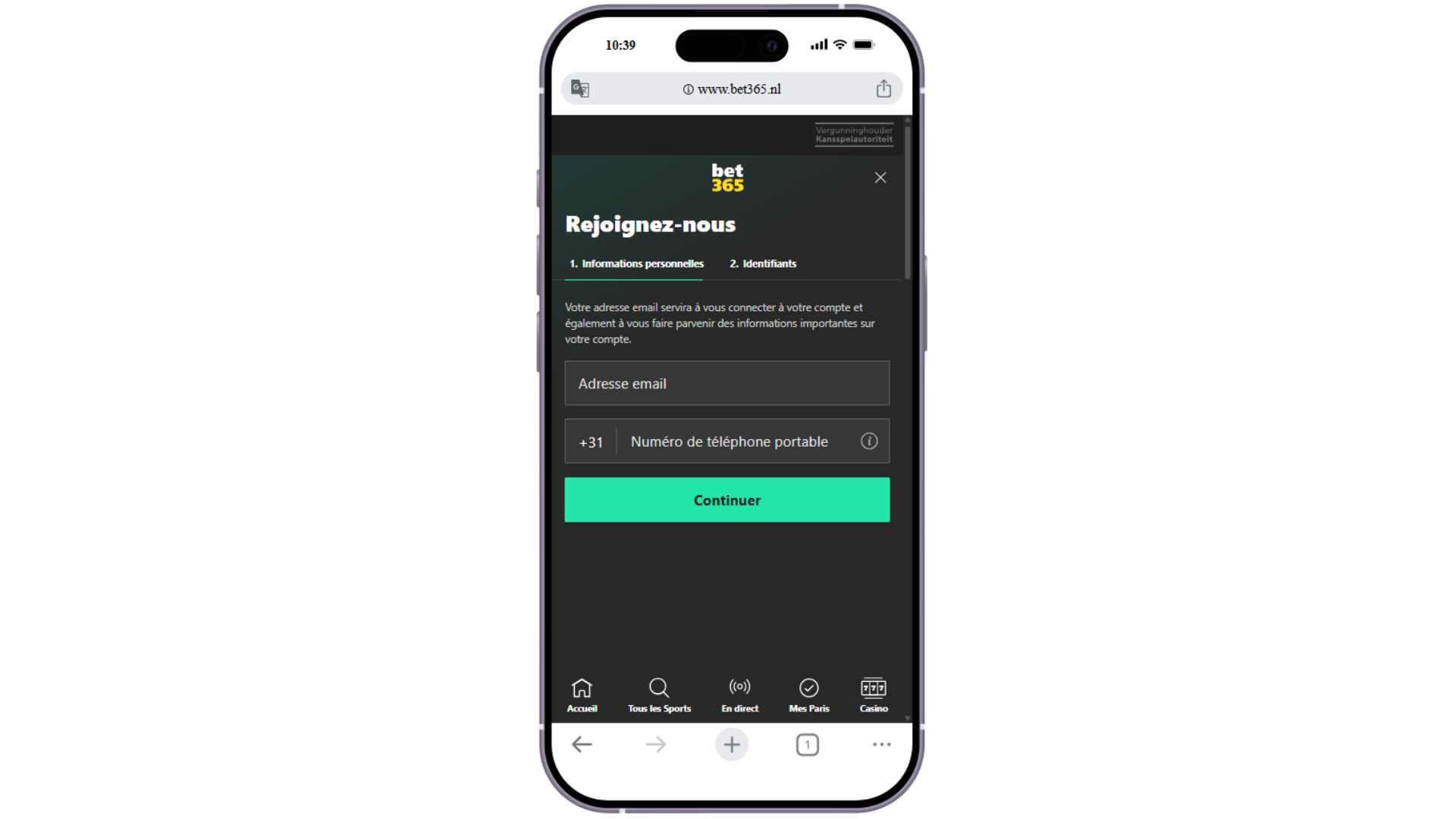 Formulaire d'inscription Bet365